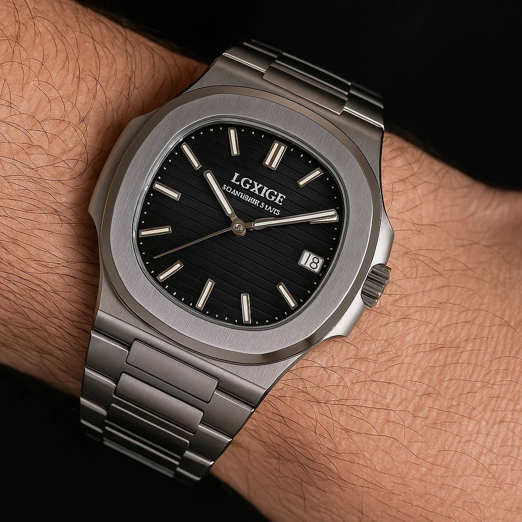 Elegante Herrenuhr - Edelstahl & schwarzes Zifferblatt